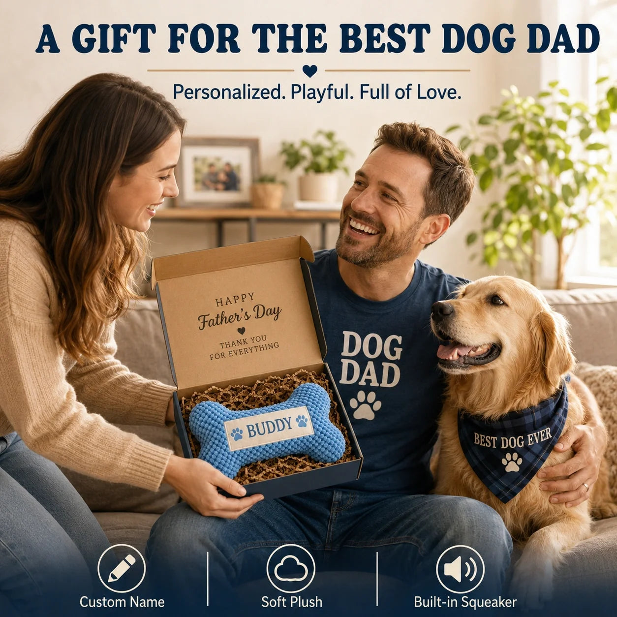 Dog Dad Gift — Personalized Squeaky Bone Toy