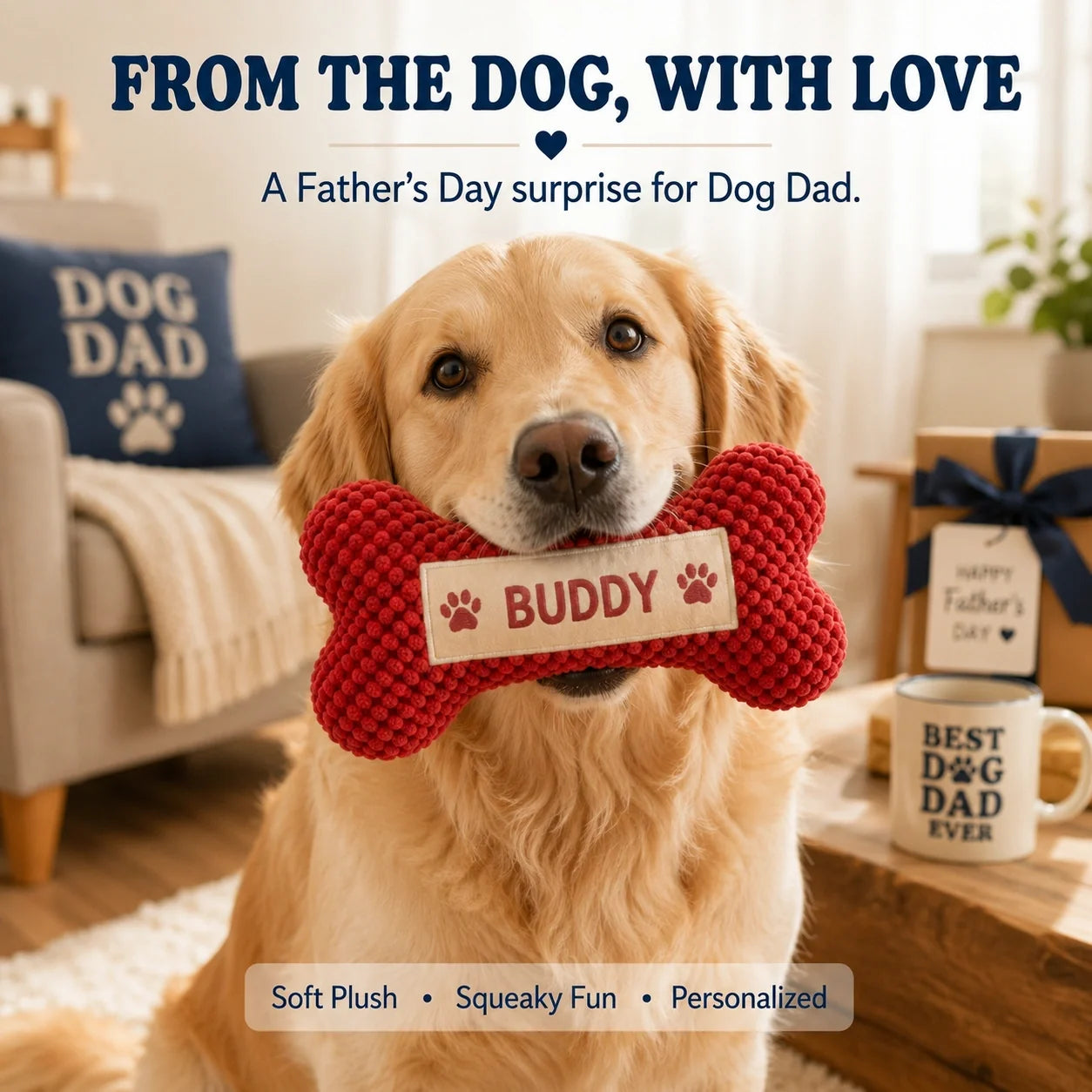 Dog Dad Gift — Personalized Squeaky Bone Toy