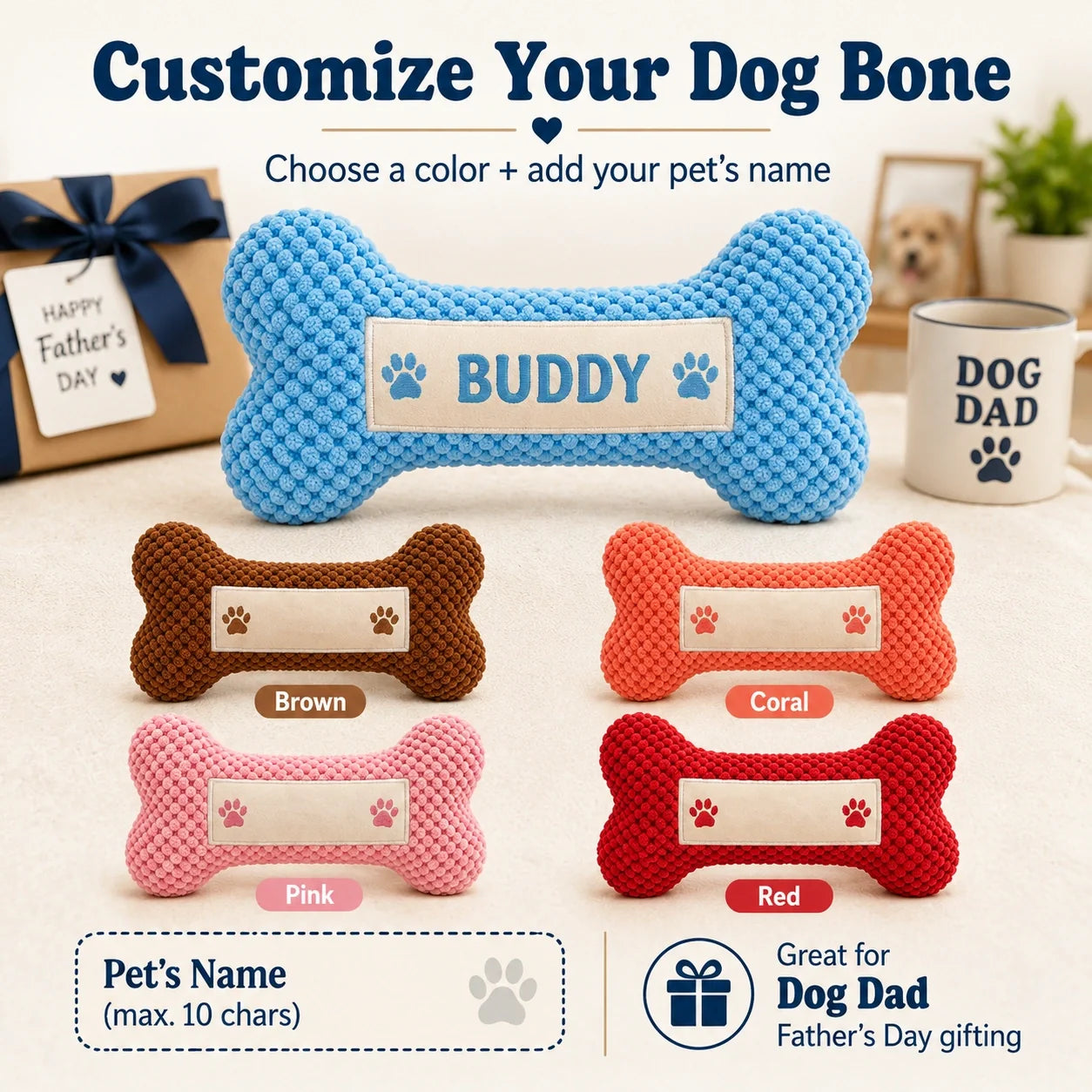 Dog Dad Gift — Personalized Squeaky Bone Toy