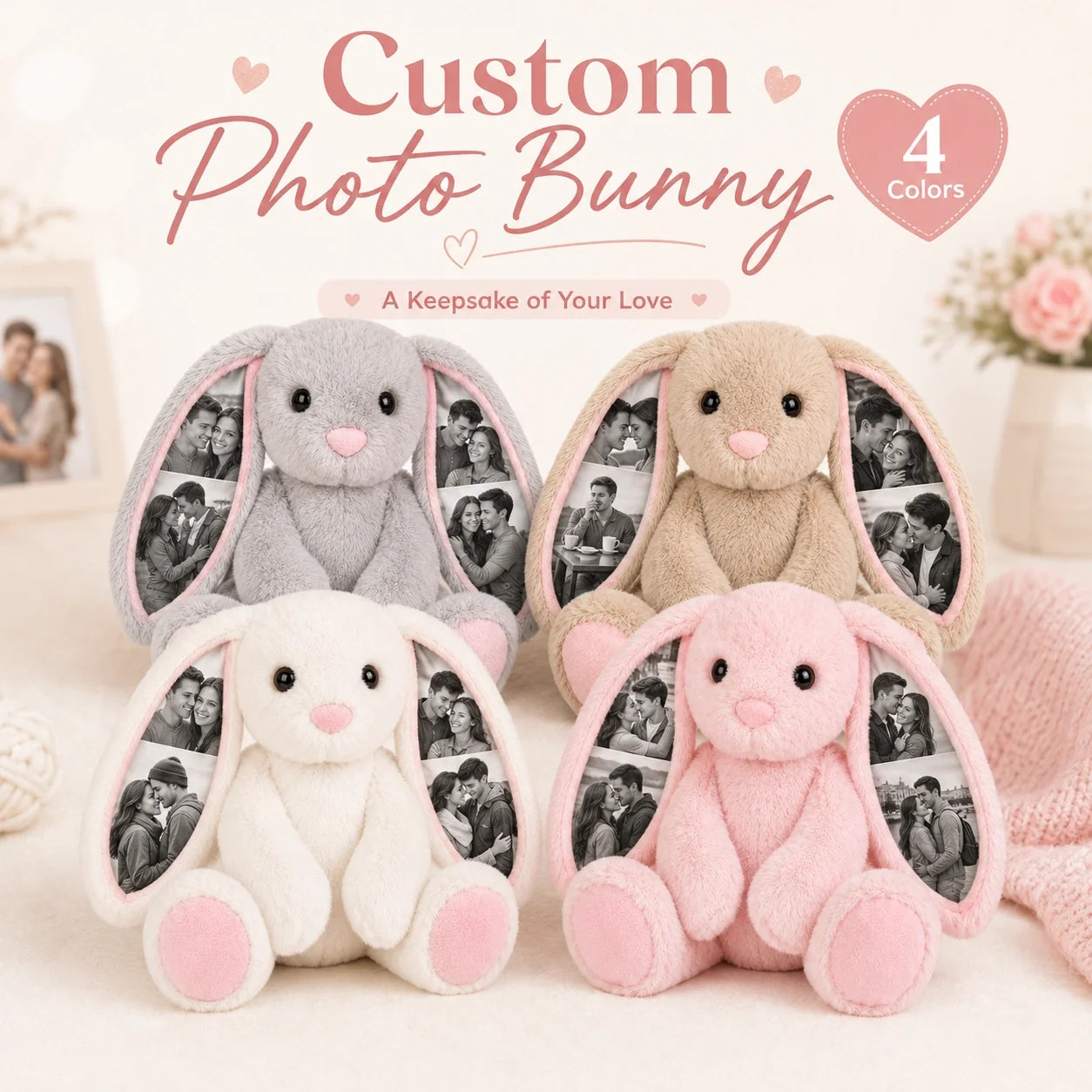 Custom Photo Bunny Plush – Personalized Hidden Ear Picture Bunny Gift for Couples Anniversary