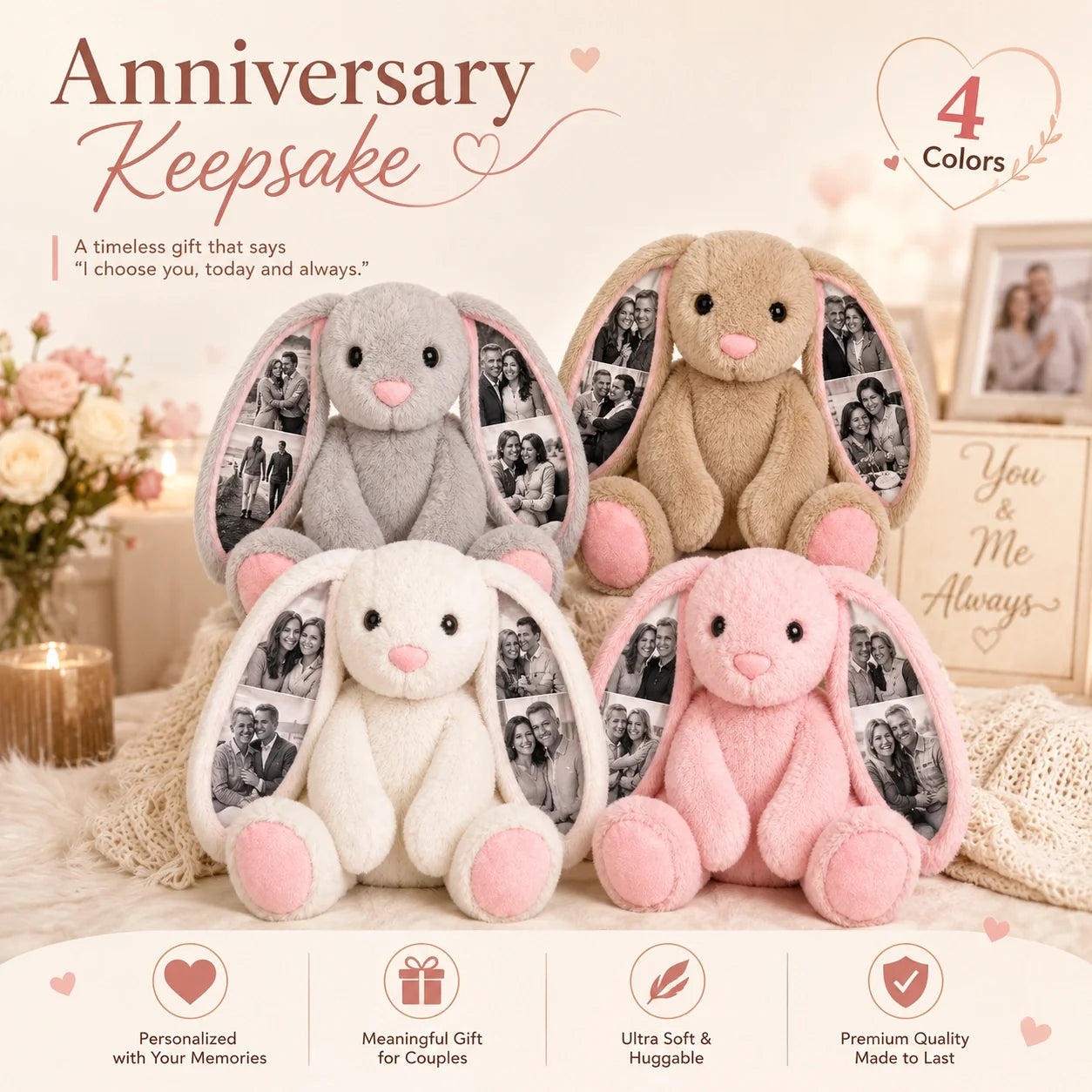 Custom Photo Bunny Plush – Personalized Hidden Ear Picture Bunny Gift for Couples Anniversary