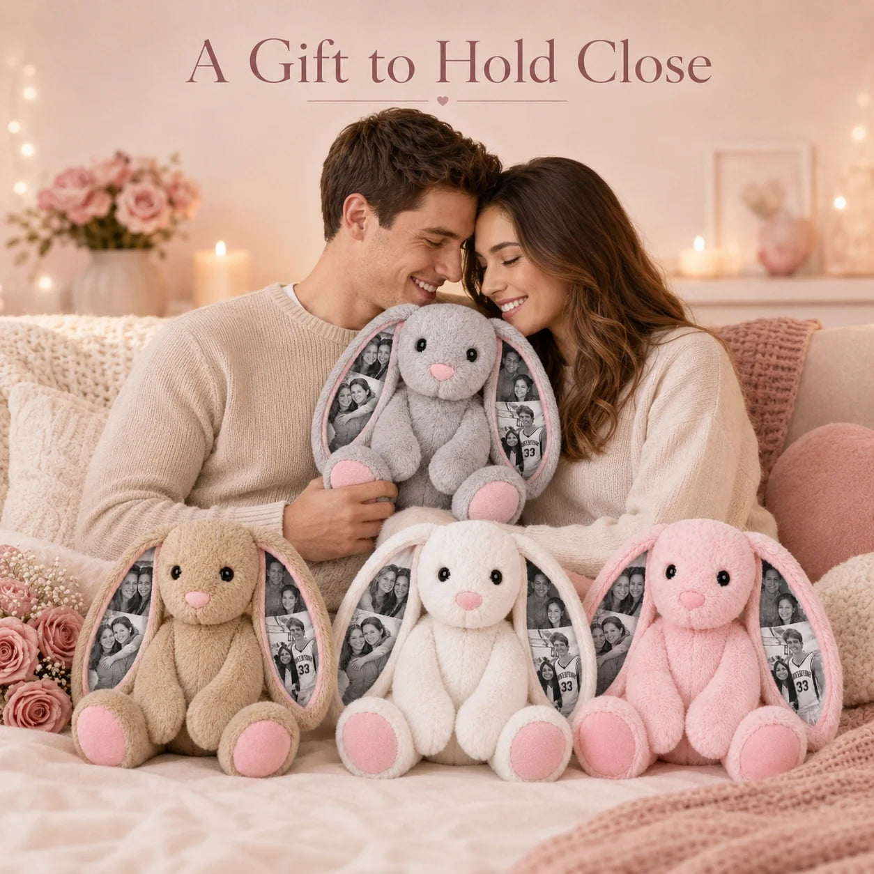 Custom Photo Bunny Plush – Personalized Hidden Ear Picture Bunny Gift for Couples Anniversary