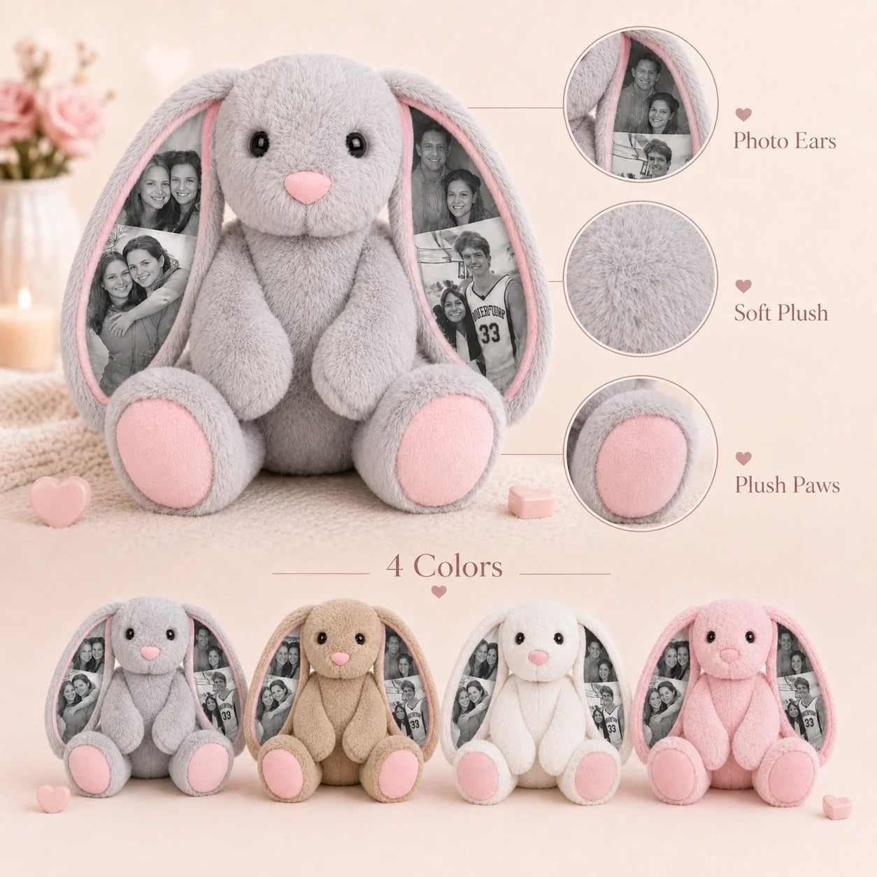Custom Photo Bunny Plush – Personalized Hidden Ear Picture Bunny Gift for Couples Anniversary