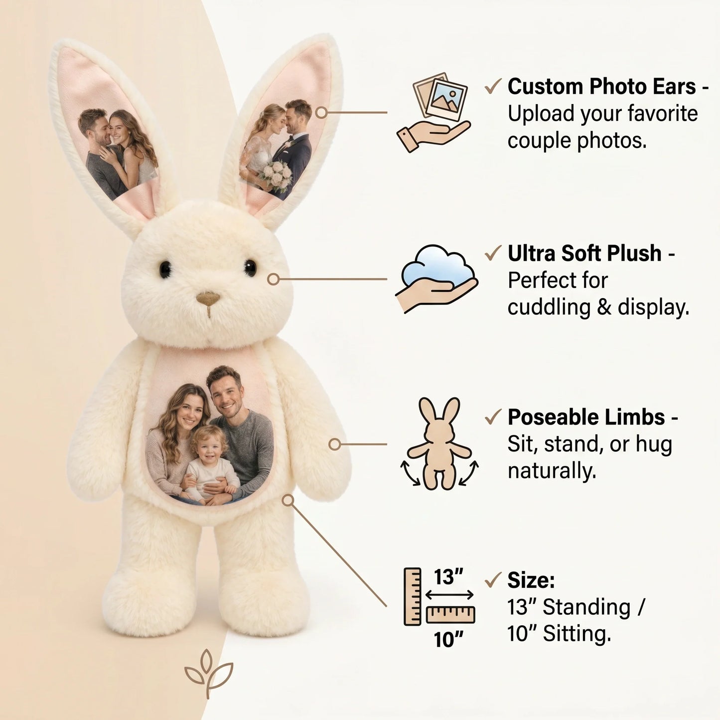 Custom Photo Bunny Plush – Personalized Hidden Ear Picture Bunny Gift for Couples Anniversary