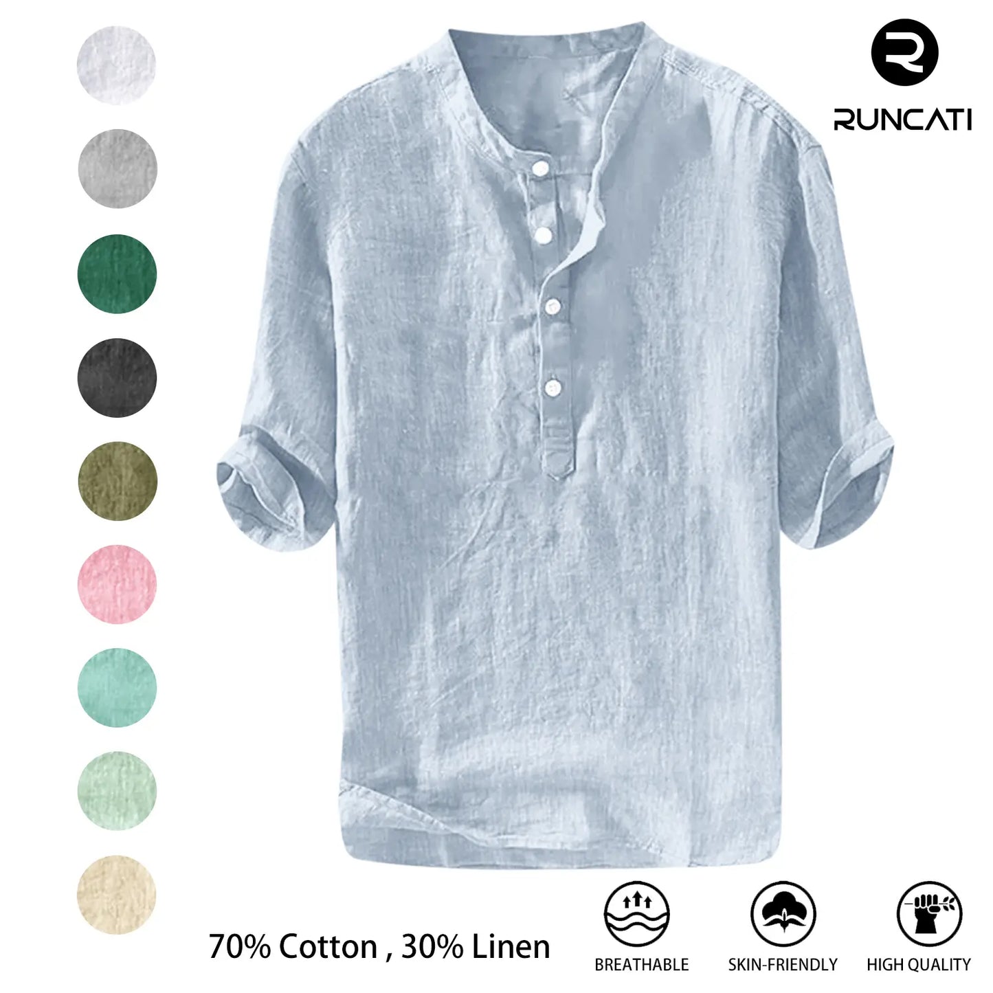 Runcati Men's Linen Shirt - Casual Cotton 3/4 Sleeve
